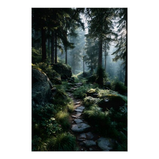 Zonovergoten bospad door oude pijnbomen perfect poster (Voorkant)