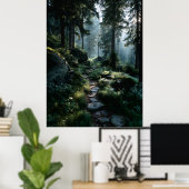 Zonovergoten bospad door oude pijnbomen poster (Thuiskantoor)