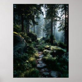 Zonovergoten bospad door oude pijnbomen poster