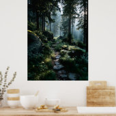 Zonovergoten bospad door oude pijnbomen poster (Keuken)