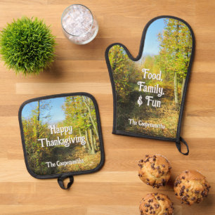 Zonovergoten Bossen in de herfst - gepersonaliseer Ovenwant & Pannenlap Set
