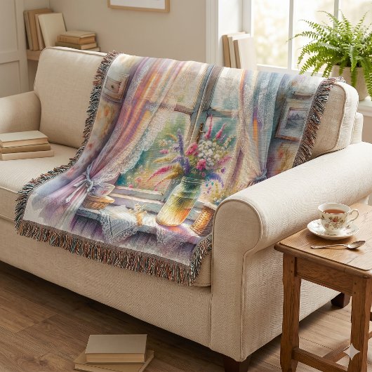 Zonovergoten Cottage Raam Wilde Bloemen Deken