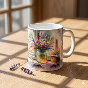 Zonovergoten Cottage Raam Wilde Bloemen Koffiemok