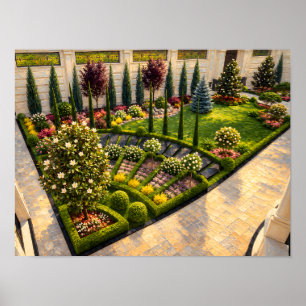 Zonovergoten formele tuin met cipres en bloemen poster