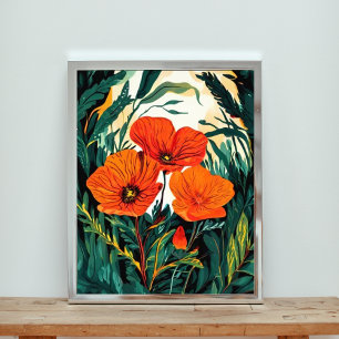 Zonovergoten Glade met Oranje bloemen Foto Afdruk