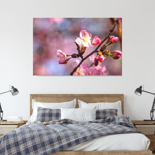 Zonovergoten Kersenbloesems en Knoppen Op Een Mooi Canvas Afdruk (Insitu (Slaapkamer))