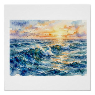 Zonovergoten oceaan golven, perfect poster