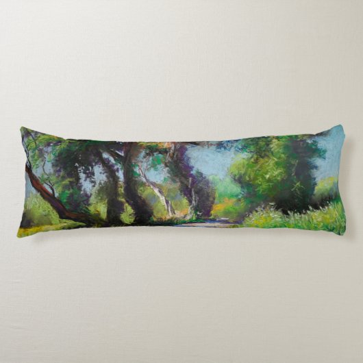 Zonovergoten olijfgaard pastel landschap lichaamskussen (Voorkant)
