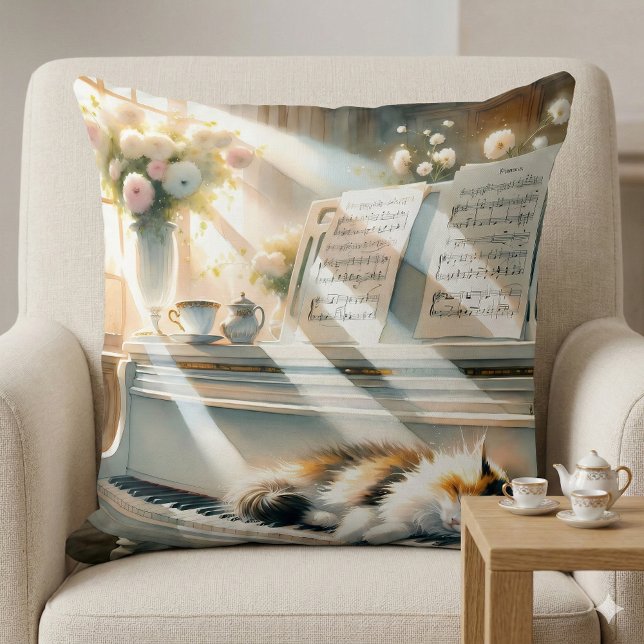 Zonovergoten Pianokat Cottagecore Droom Kussen (Sunlit Piano Cat Cottagecore Dream Throw Pillow Mockup A)