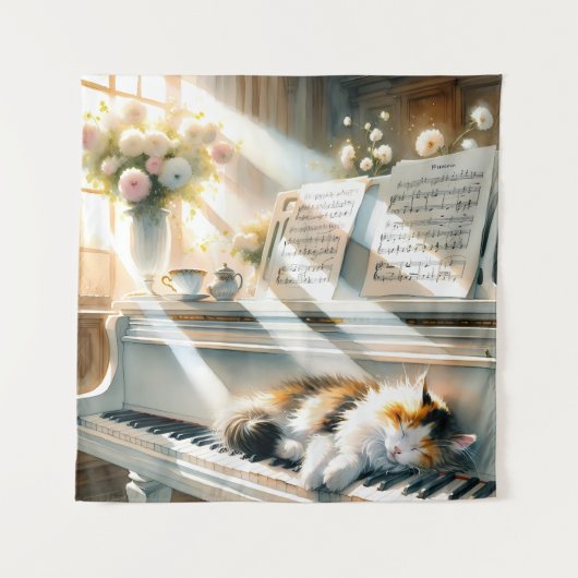 Zonovergoten Pianokat Cottagecore Droom Wandkleed (Voorkant)