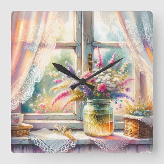 Zonovergoten raam cottage met wilde bloemen vierkante klok (Voorkant)