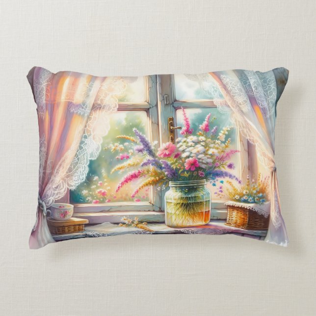 Zonovergoten raam cottage wilde bloemen accent kussen (Voorkant)