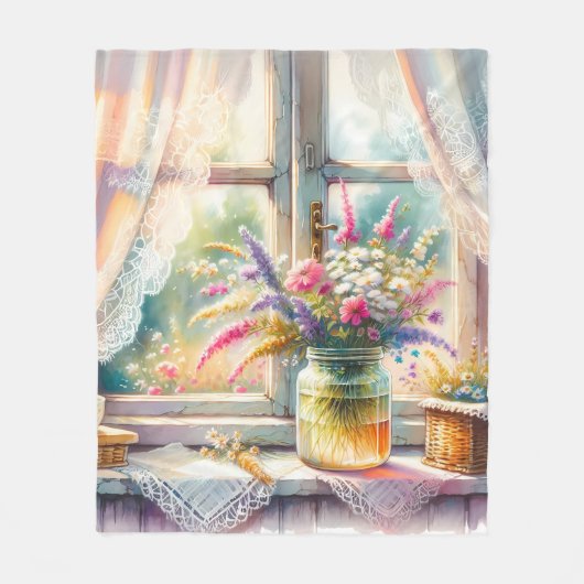 Zonovergoten raam cottage wilde bloemen fleece deken (Voorkant)