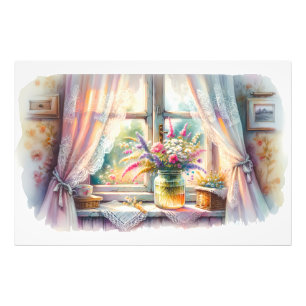Zonovergoten raam cottage wilde bloemen foto afdruk