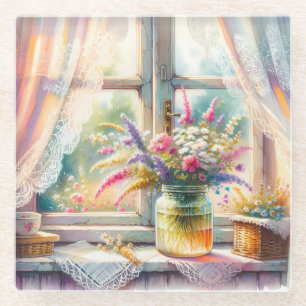 Zonovergoten raam cottage wilde bloemen glazen onderzetter