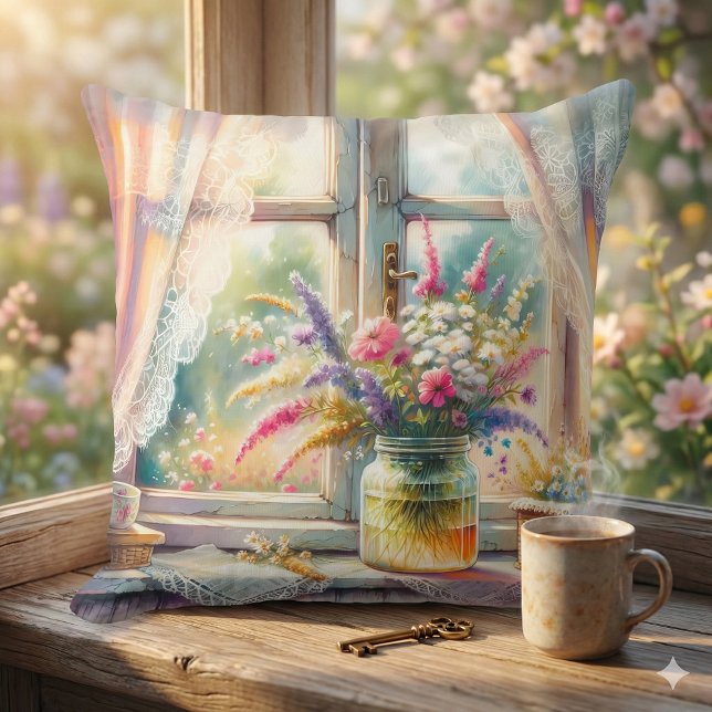 Zonovergoten raam cottage wilde bloemen kussen (Sunlit Cottage Window Wildflowers Throw Pillow Mockup A)