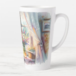 Zonovergoten raam cottage wilde bloemen latte mok
