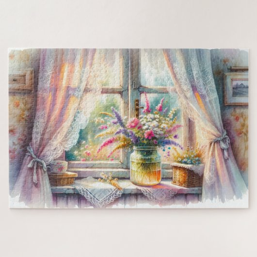 Zonovergoten raam cottage wilde bloemen legpuzzel (Horizontaal)
