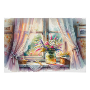 Zonovergoten raam cottage wilde bloemen perfect poster