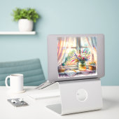 Zonovergoten raam cottage wilde bloemen sticker (Laptop op bureau)