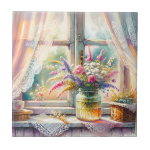 Zonovergoten raam cottage wilde bloemen tegeltje