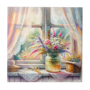 Zonovergoten raam cottage wilde bloemen tegeltje
