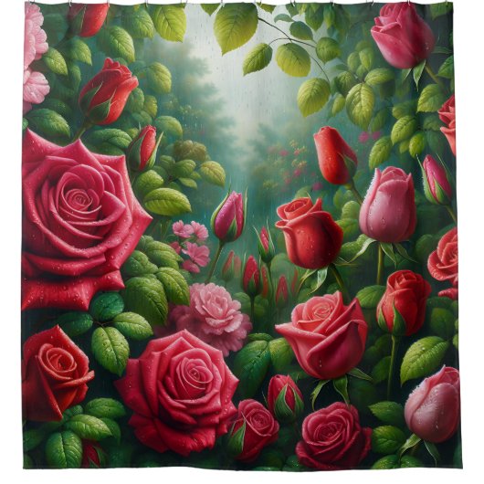 Zonovergoten Roos Garden: Dew-Kissed Blooms Douchegordijn (Voorkant)