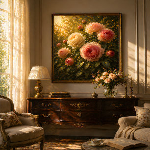 Zonovergoten Rozen Olie Schilderij – Vintage Bloem Poster