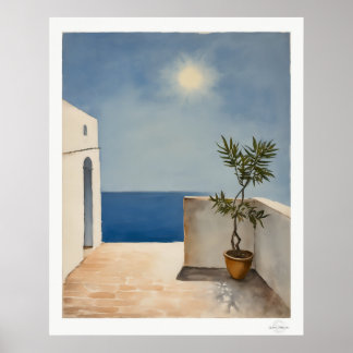 Zonovergoten terras met olijfboom poster