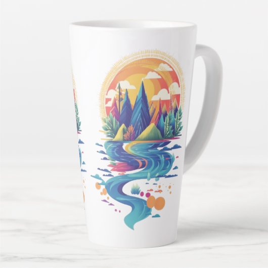 Zonovergoten toppen en stromende rivier latte mok (Rechterhoek)