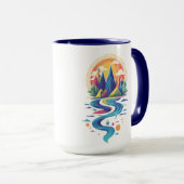 Zonovergoten toppen en stromende rivier mok (Voorkant rechts)