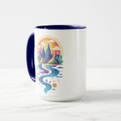 Zonovergoten toppen en stromende rivier mok (Voorkant links)