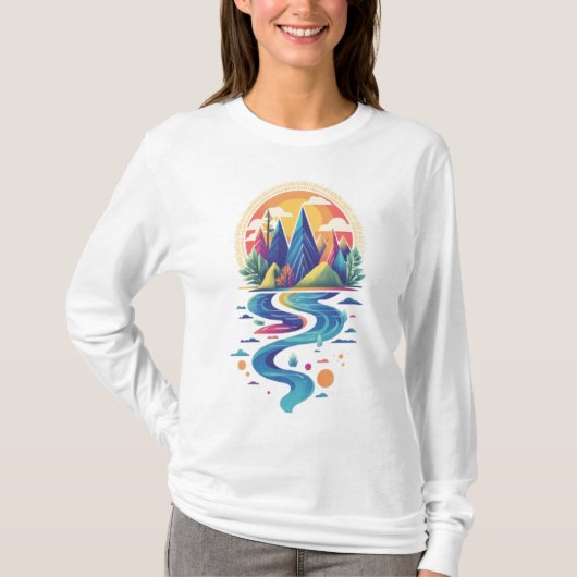 Zonovergoten toppen en stromende rivier t-shirt (Voorkant)