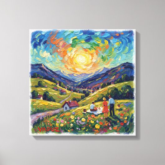 Zonovergoten Vaduz Alpenweide Landschap Canvas Kun Afdruk (Voorkant)