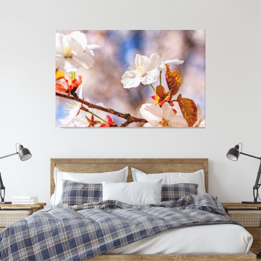 Zonovergoten Witte Kersenbloesem en Oranje Bladere Canvas Afdruk (Insitu (Slaapkamer))
