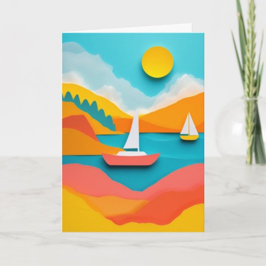 Zonovergoten zeilboten bij het meer kaart (Voorkant)