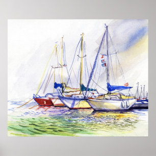 Zonovergoten zeilboten in een haven watercolor zee poster