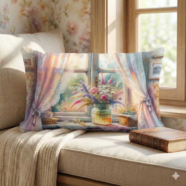 Zonoverlichte bloemen in cottage raam kussen (Sunlit Cottage Window Wildflowers Lumbar Pillow Mockup A)