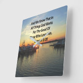 ZONSONDERGANG AAN HET MEER ROMEINEN 8:28 SCHRIFT VIERKANTE KLOK (Hoek)