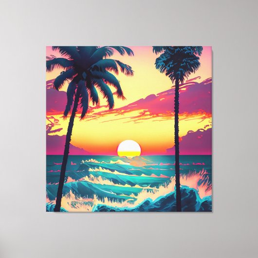 Zonsondergang aan het strand met palmbomen Schilde Canvas Afdruk (Voorkant)