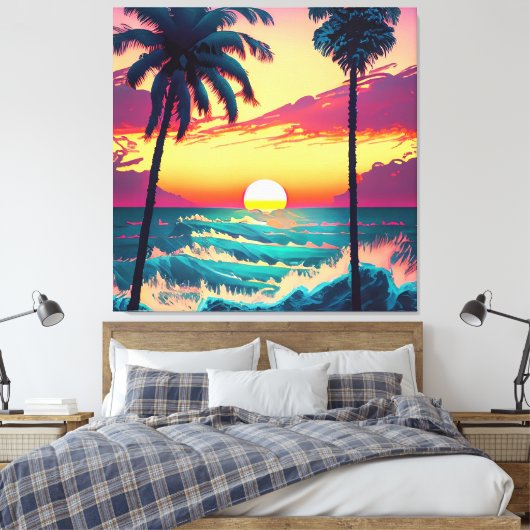 Zonsondergang aan het strand met palmbomen Schilde Canvas Afdruk (Insitu (Slaapkamer))