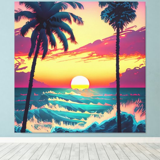 Zonsondergang aan het strand met palmbomen Schilde Canvas Afdruk (Insitu (Houten vloer))
