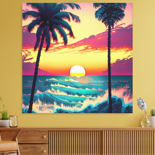 Zonsondergang aan het strand met palmbomen Schilde Canvas Afdruk (Insitu (Woonkamer))