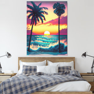 Zonsondergang aan het strand met palmbomen Schilde Canvas Afdruk