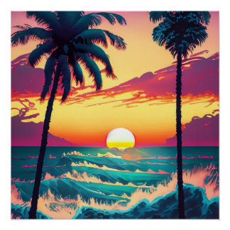 Zonsondergang aan het strand met palmbomen Schilde Perfect Poster