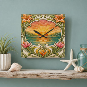 Zonsondergang aan zee met leliebloemen Art Nouveau Vierkante Klok