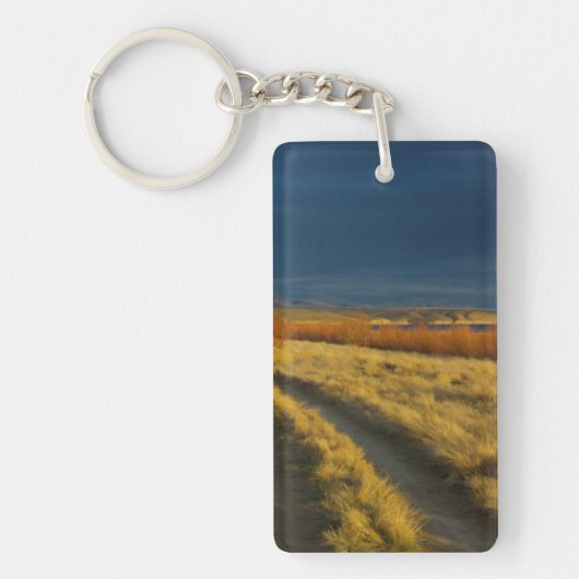 Zonsondergang accentueert de rode bast van struike sleutelhanger (Voorkant)