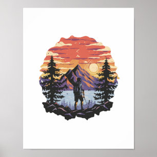 Zonsondergang achter bomen en bergen poster