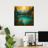 Zonsondergang Alpine Lake Beauty Met Forest Mounta Poster (Thuiskantoor)