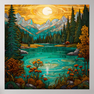Zonsondergang Alpine Lake Beauty Met Forest Mounta Poster